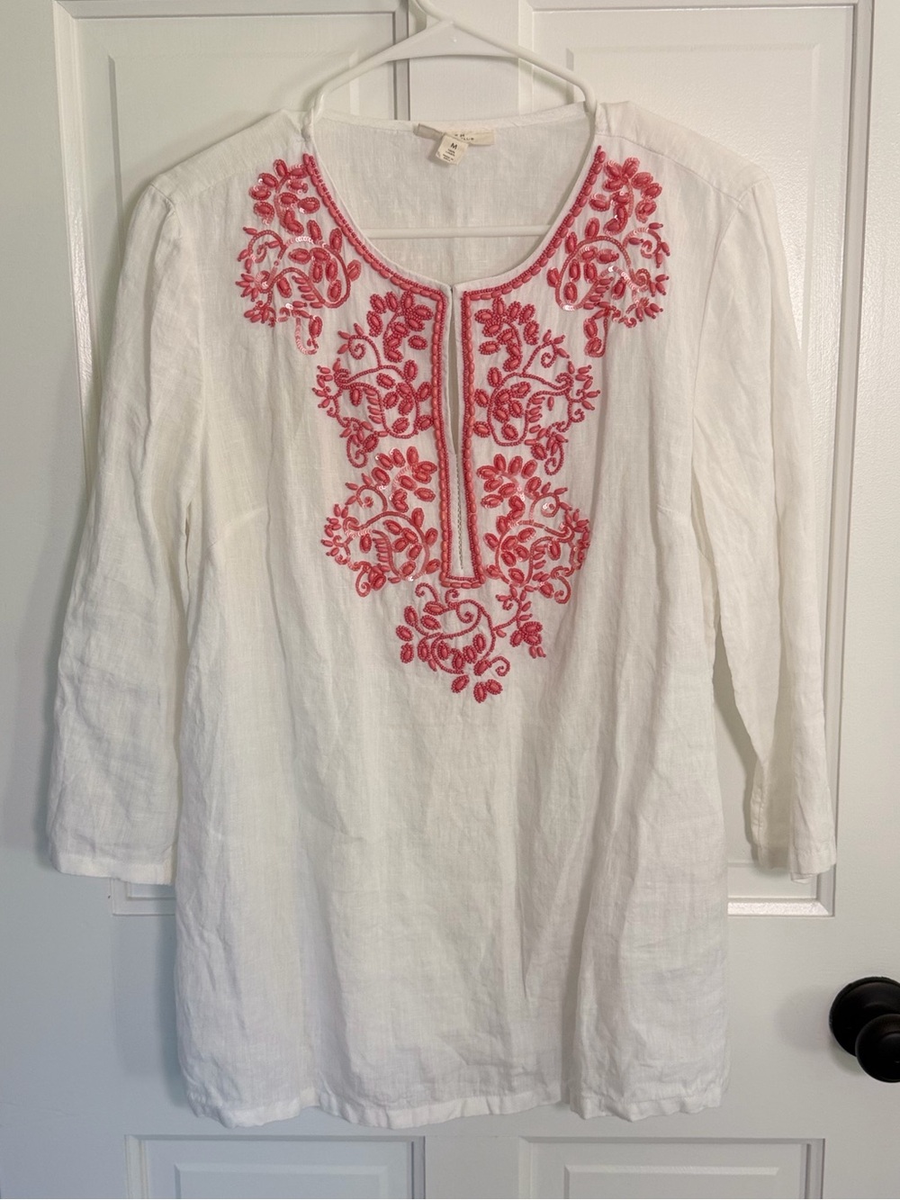 Charter Club Luxury 100% Linen White Coral Beaded Boho Tunic Top M